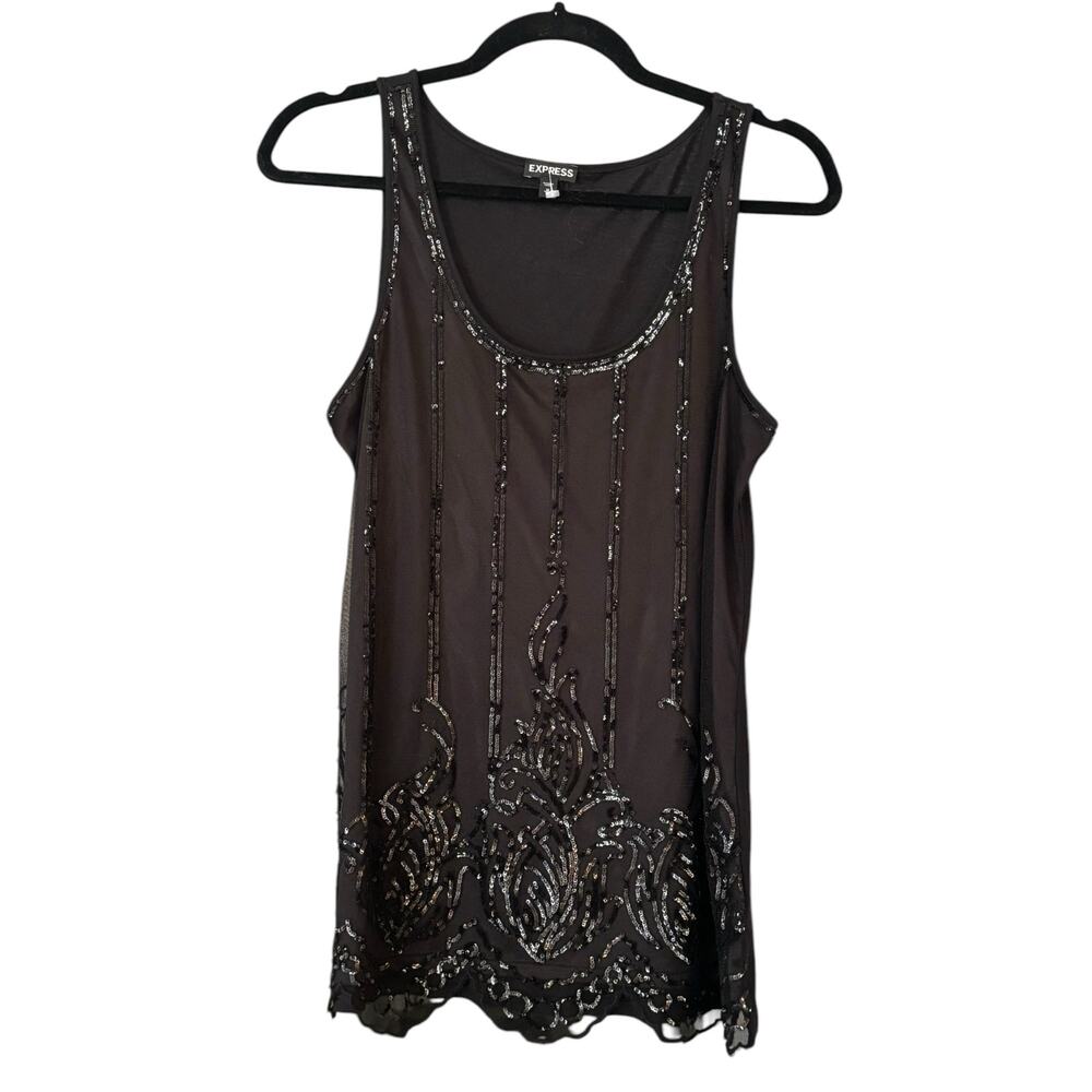 Express Y2K Black Lace Tank Top Camisole M Black Goth Grunge Sequins Scoop Neck